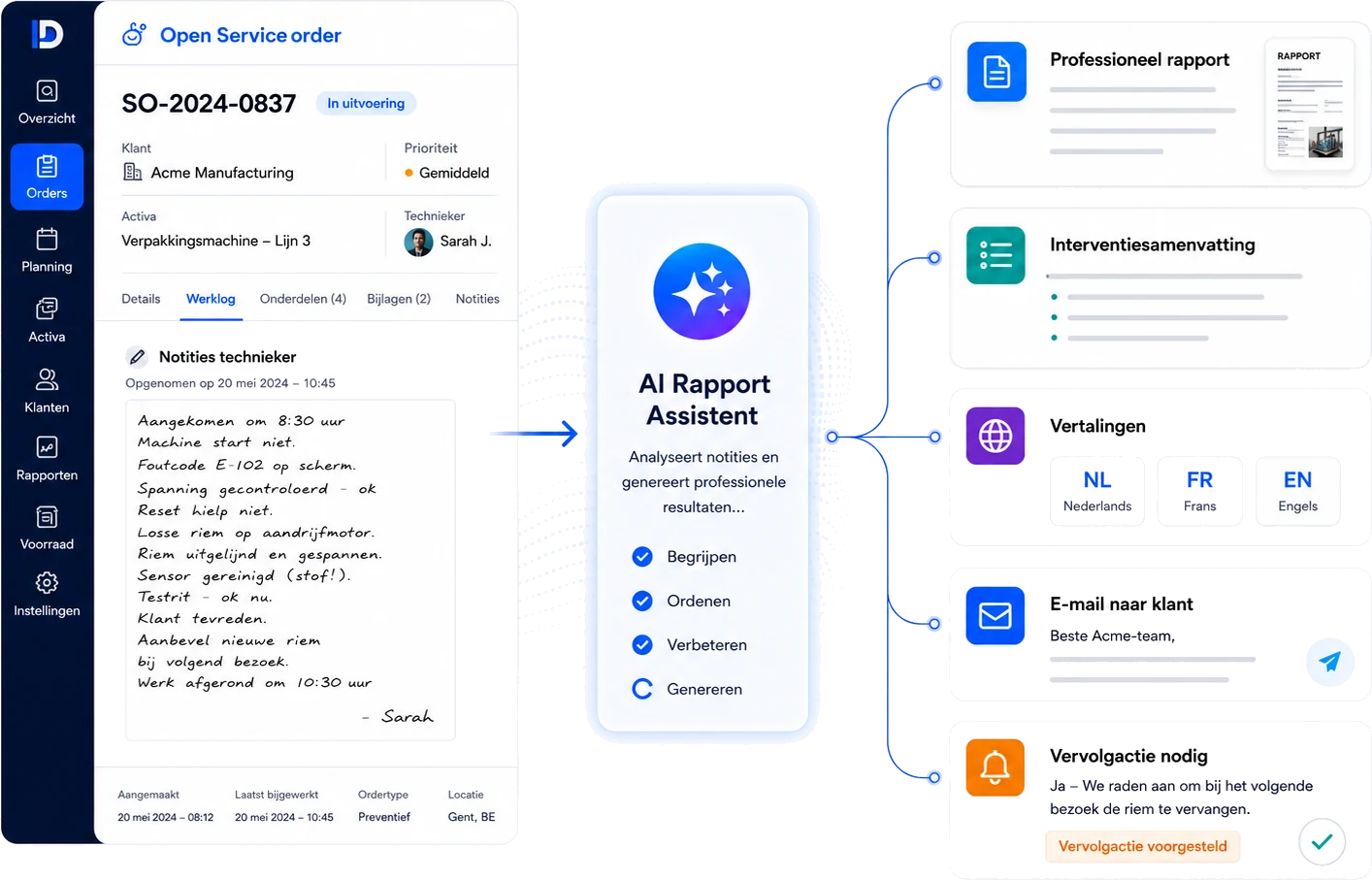 AI Report Assistant die handgeschreven notities van een technieker omzet in een professioneel rapport, samenvatting, vertaling en klantmail