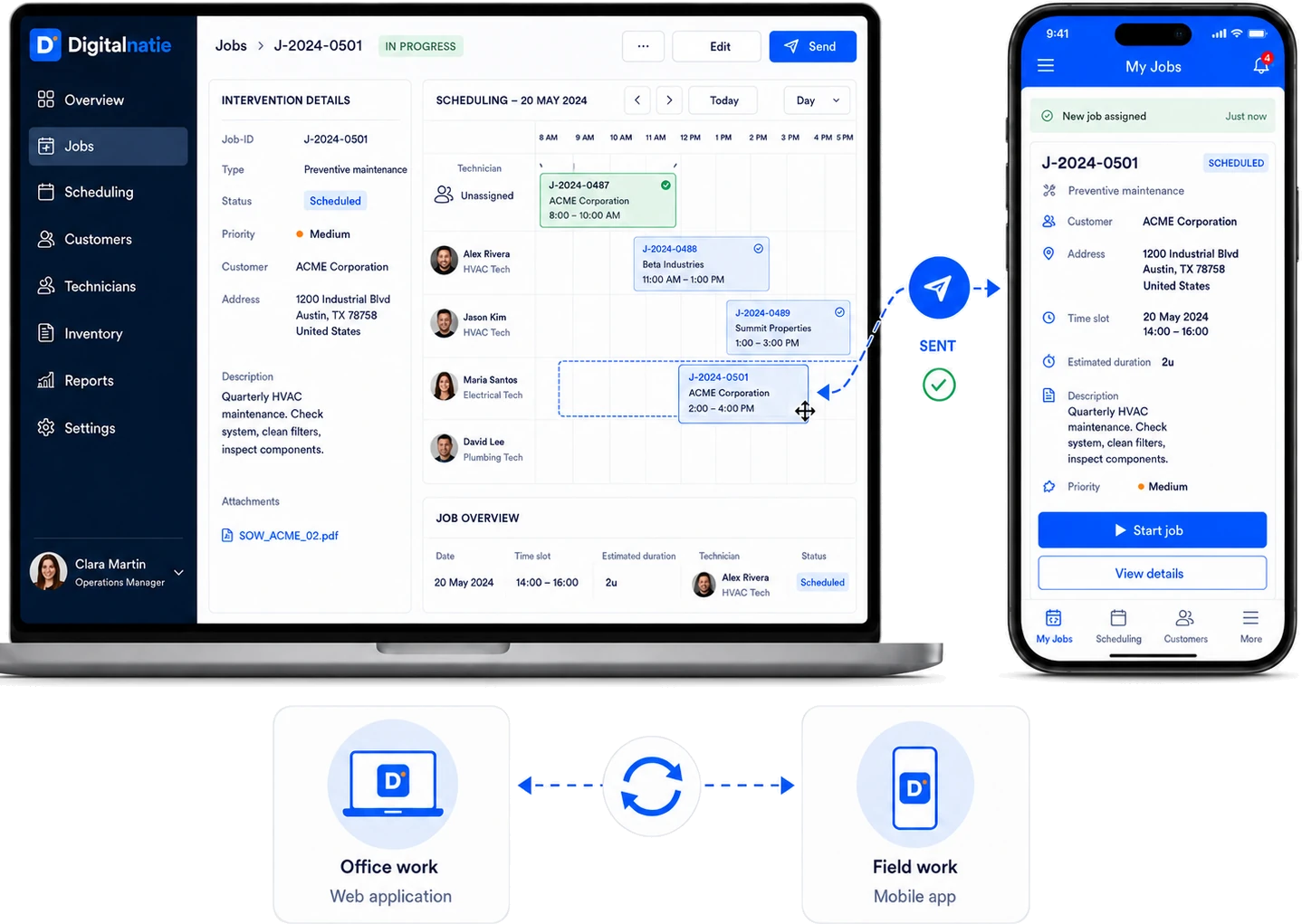 Office planning synced with the technician's mobile app in Digitalnatie Service Suite