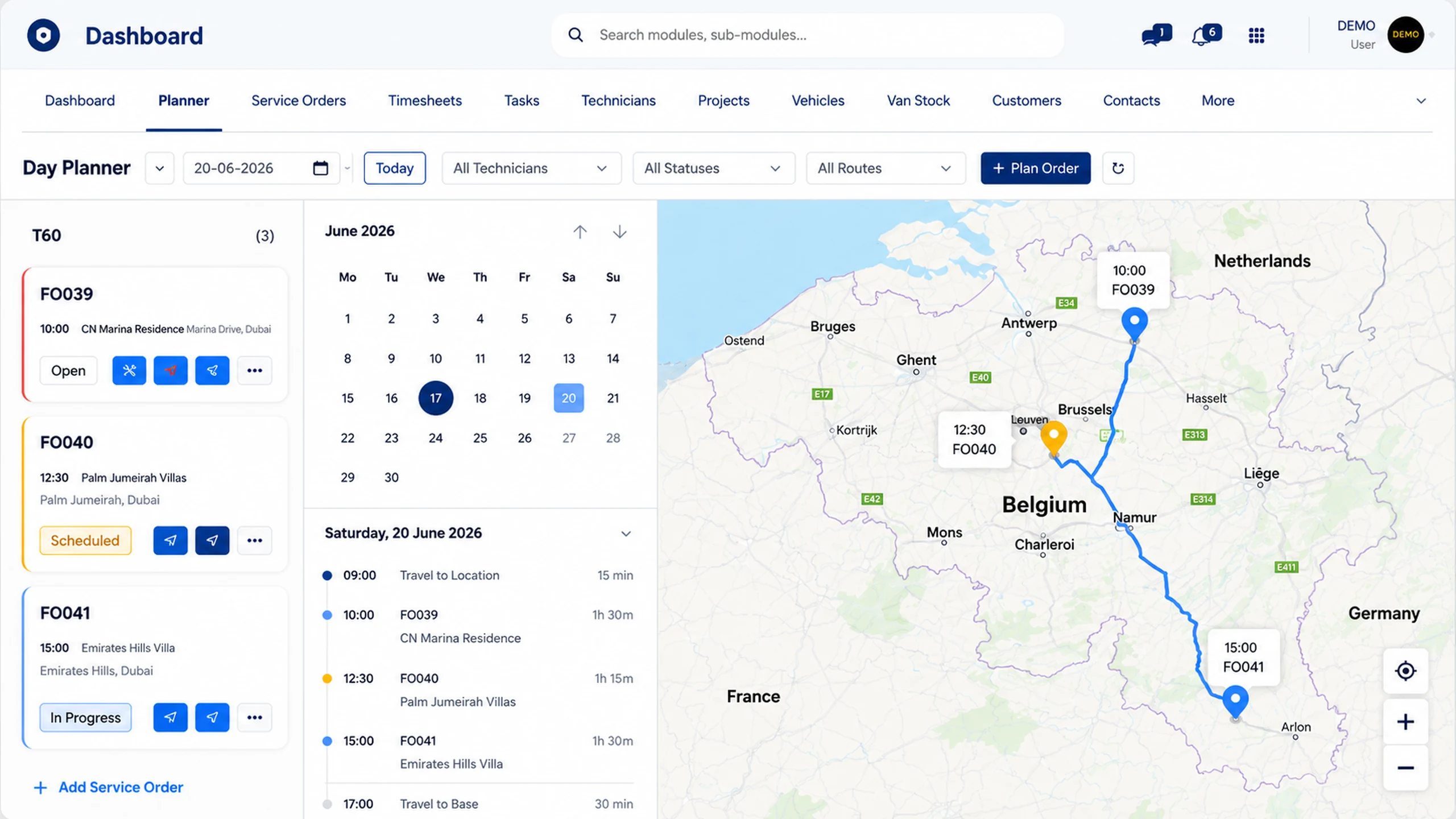 Digitalnatie Day Planner: interventies per technieker, de kalender en de route van de dag op de kaart
