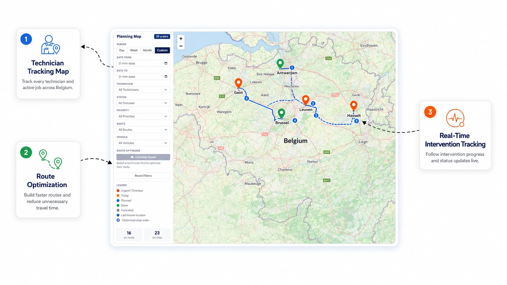 Digitalnatie planning map with the day's interventions and the optimised route per technician