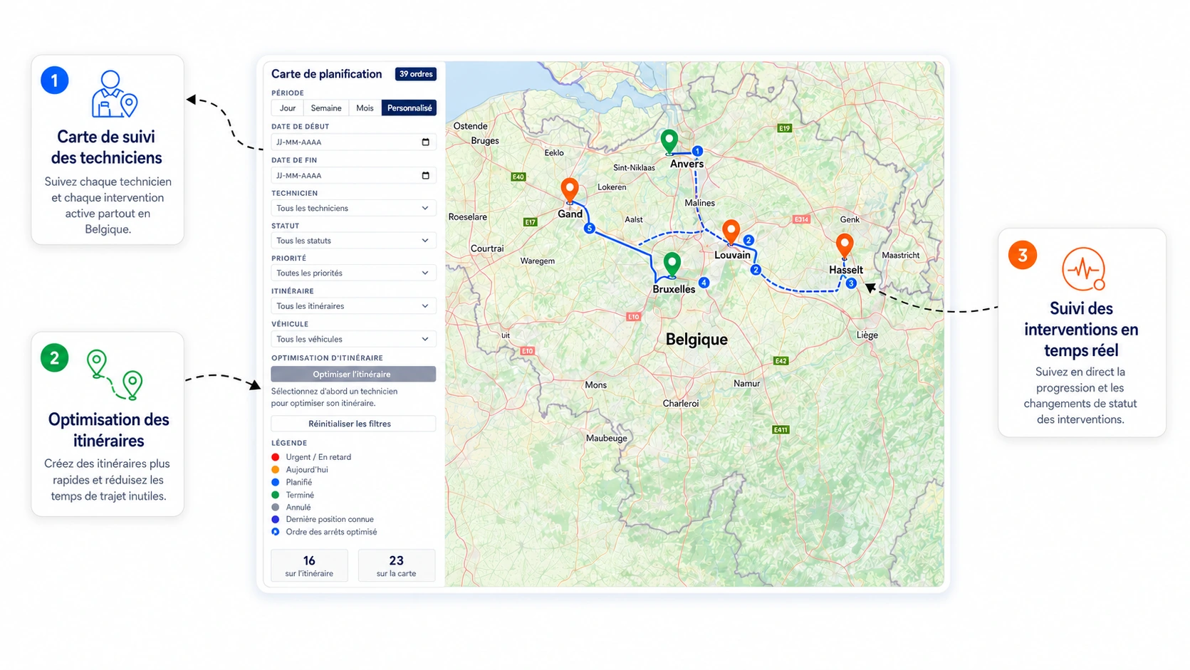 Carte de planification Digitalnatie avec les interventions du jour et la tournée optimisée par technicien