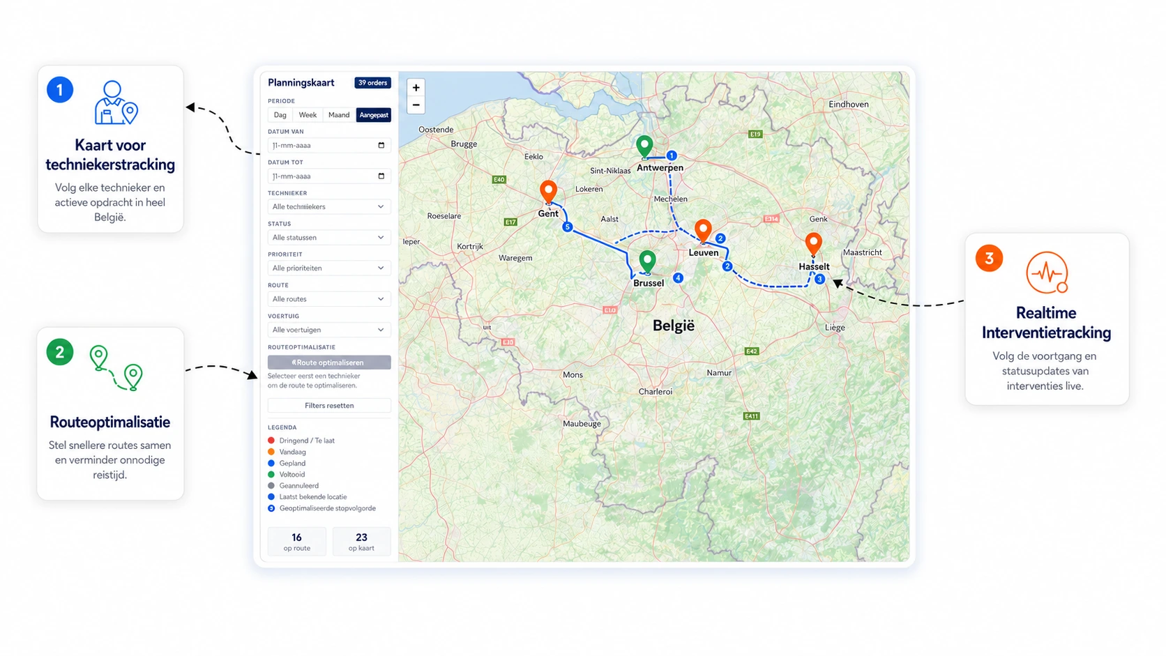 Planningskaart van Digitalnatie met de interventies van de dag en de geoptimaliseerde route per technieker