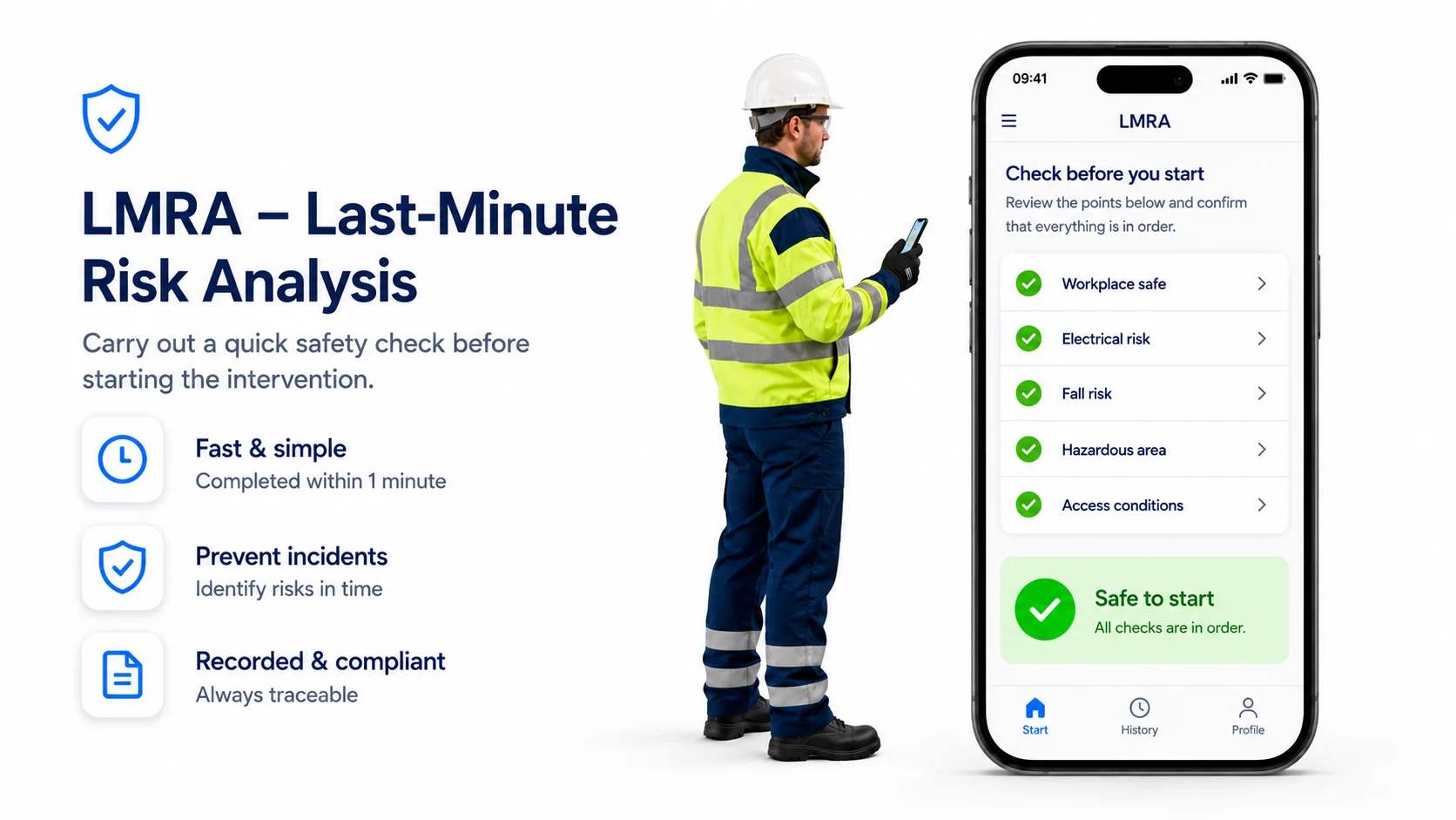 LMRA or last-minute risk analysis on a technician's smartphone, showing the checked points and the confirmation that it is safe to start
