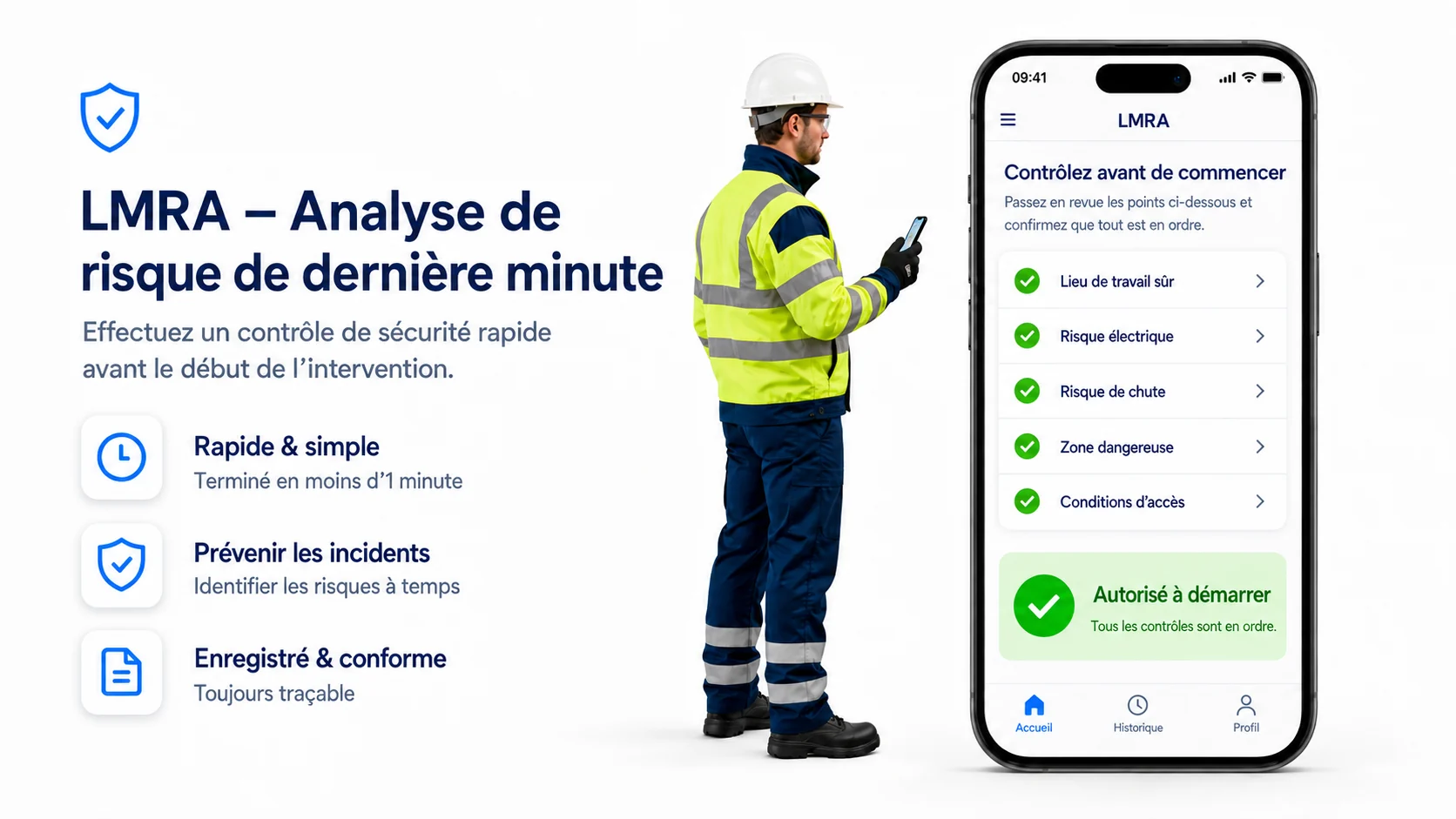 LMRA ou analyse de risque de dernière minute sur le smartphone d’un technicien, avec les points contrôlés et la confirmation qu’il est autorisé à démarrer