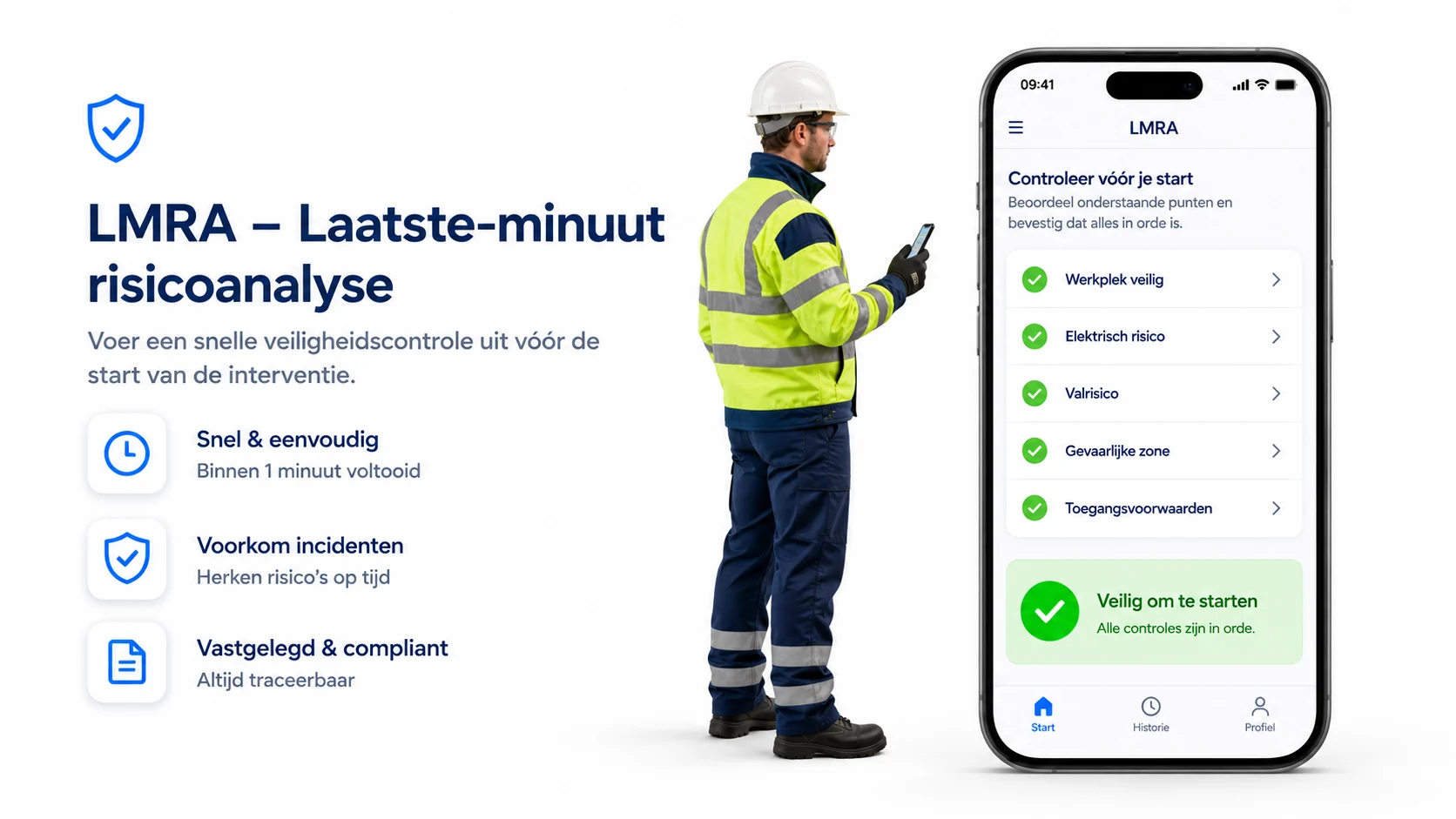 LMRA of laatste-minuut risicoanalyse op de smartphone van een technieker, met de gecontroleerde punten en de bevestiging dat het veilig is om te starten