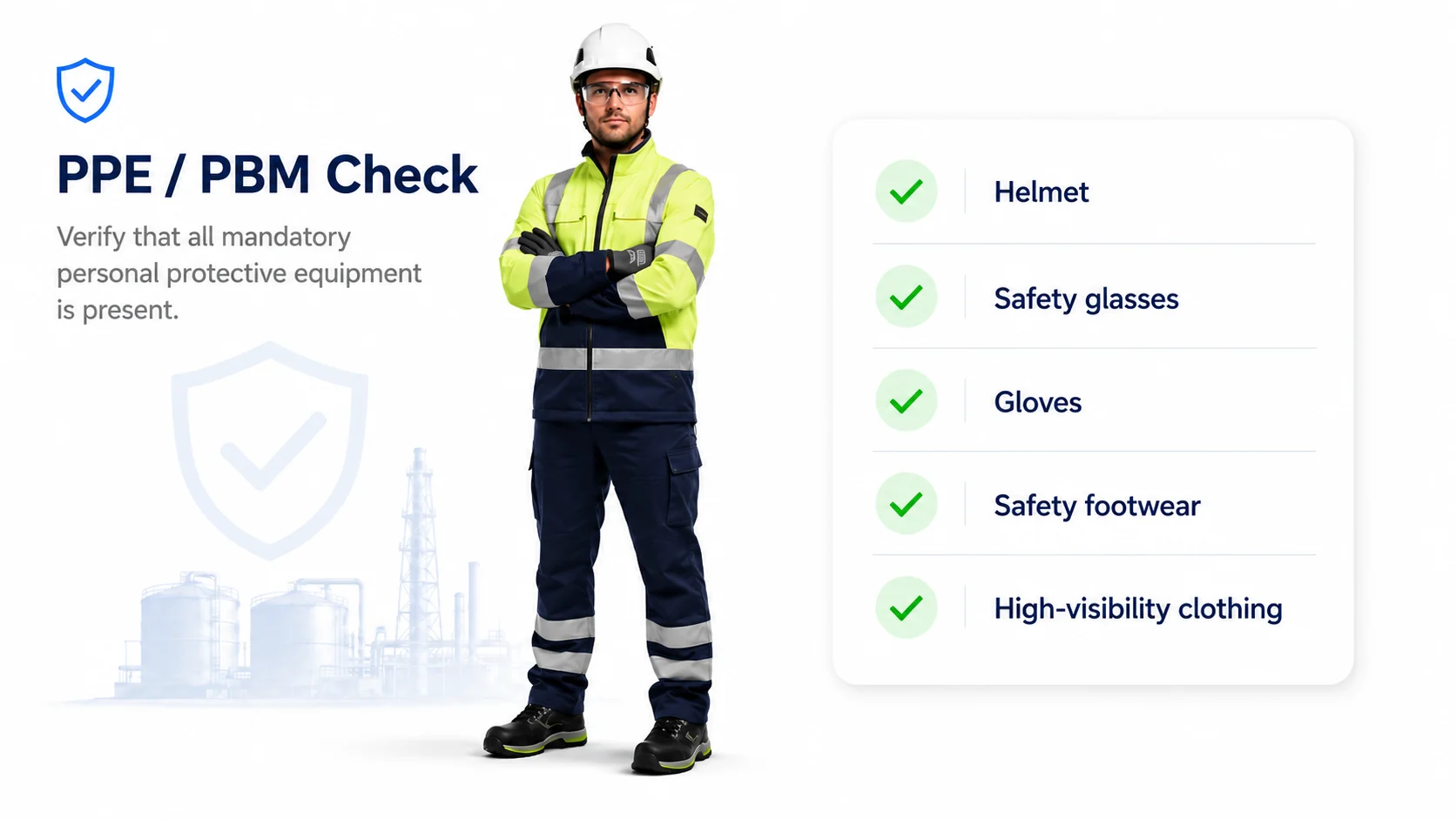 PPE and PBM check in the Digitalnatie mobile app with helmet, safety glasses, gloves, safety shoes and hi-vis clothing confirmed by the technician