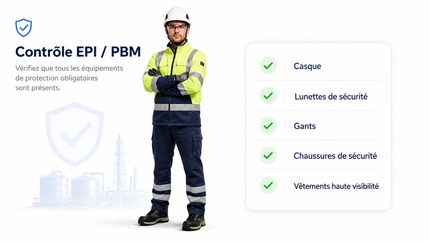 Contrôle EPI et PBM dans l’application mobile de Digitalnatie avec casque, lunettes de sécurité, gants, chaussures de sécurité et vêtements haute visibilité validés par le technicien
