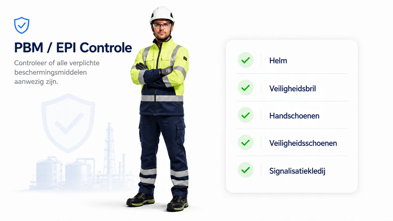 PBM- en EPI-controle in de mobiele app van Digitalnatie met helm, veiligheidsbril, handschoenen, veiligheidsschoenen en signalisatiekledij afgevinkt door de technieker