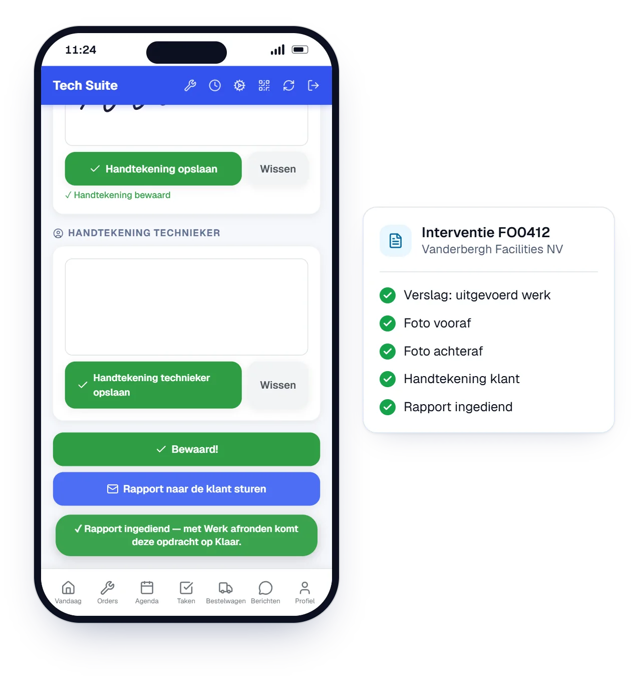 Animatie van het interventieverslag in de Tech Suite-app: het uitgevoerde werk wordt genoteerd, een foto vooraf en achteraf toegevoegd, de klant tekent en het rapport wordt bewaard