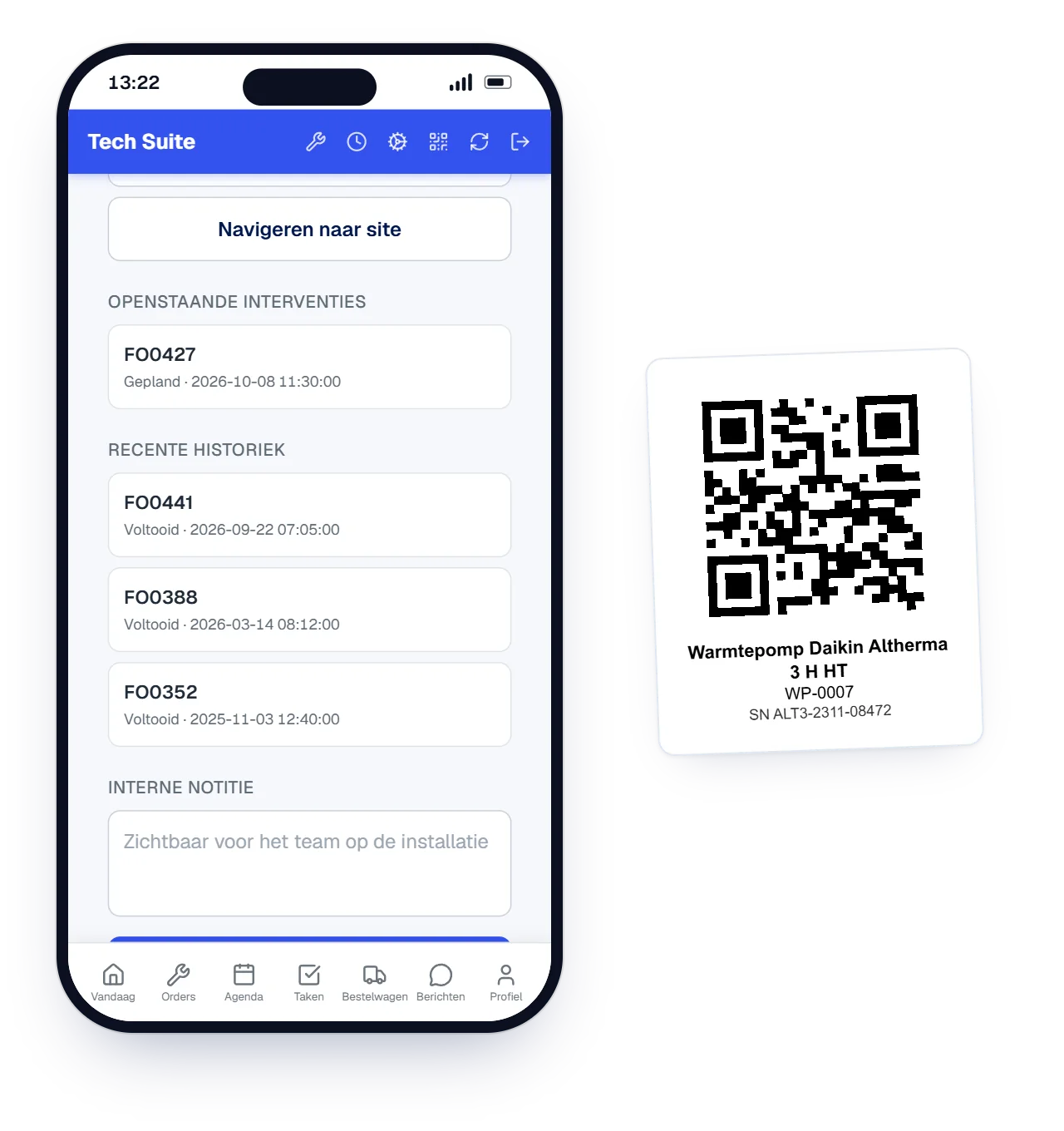 Animatie in de Tech Suite-app: de QR-code op een warmtepomp wordt gescand en de toestelfiche opent met garantie, onderhoudsdata, openstaande interventies en recente historiek
