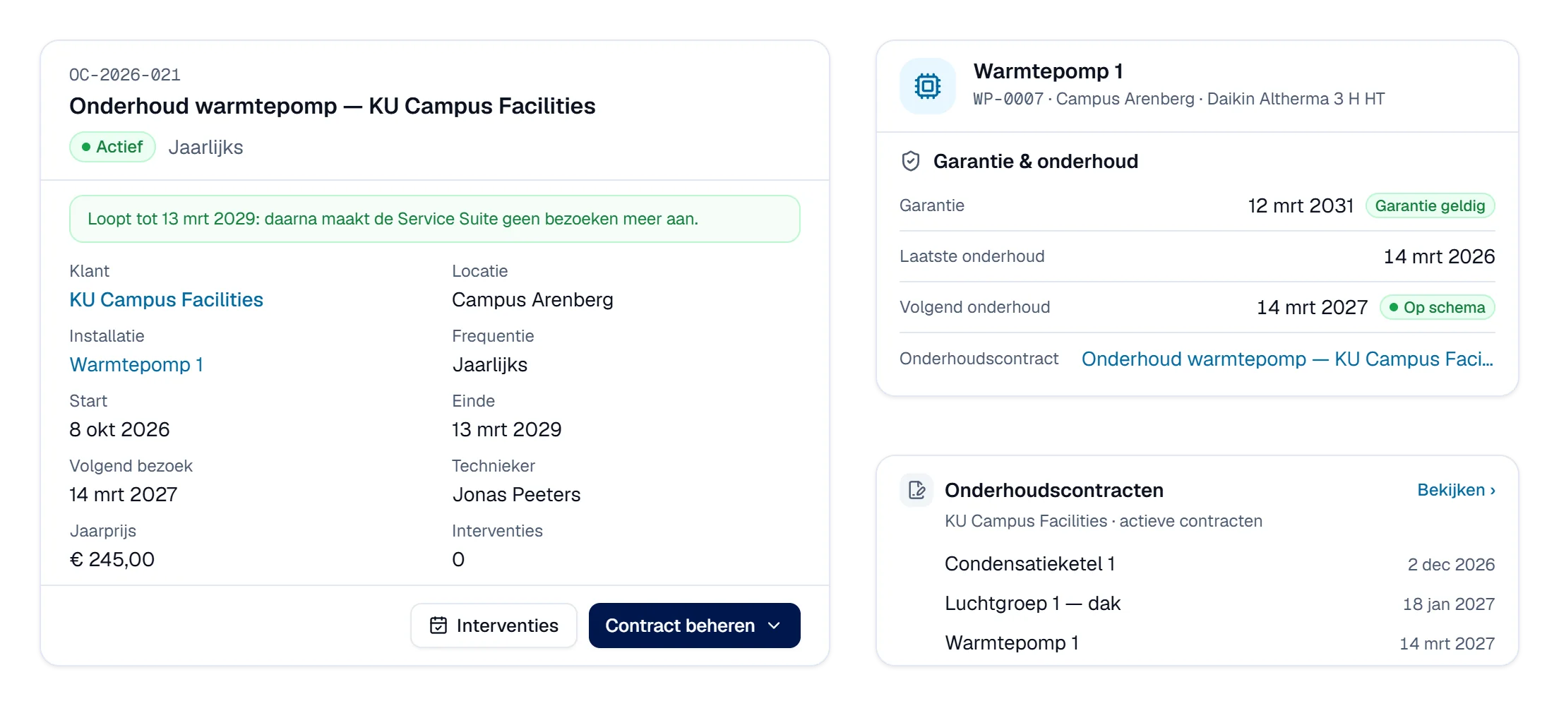 Animation d'un contrat d'entretien dans Digitalnatie : client, site, installation, fréquence, durée et prix annuel se remplissent, le contrat est activé et apparaît sur l'installation