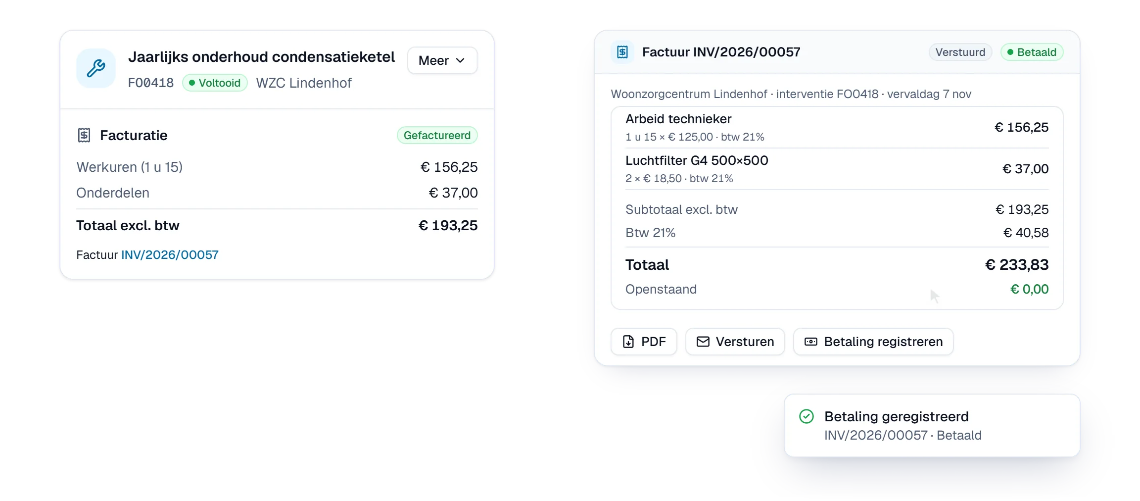 From completed intervention to paid invoice: the invoice is created with labour hours and parts, posted, sent and registered as paid