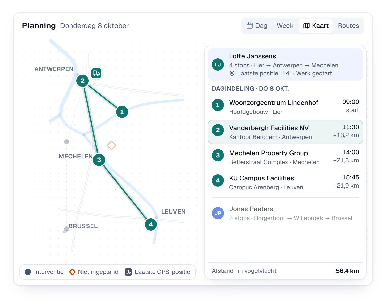 Animation of the planning map in Digitalnatie: a technician's route for the day with numbered stops, the day schedule with times and the distance between visits