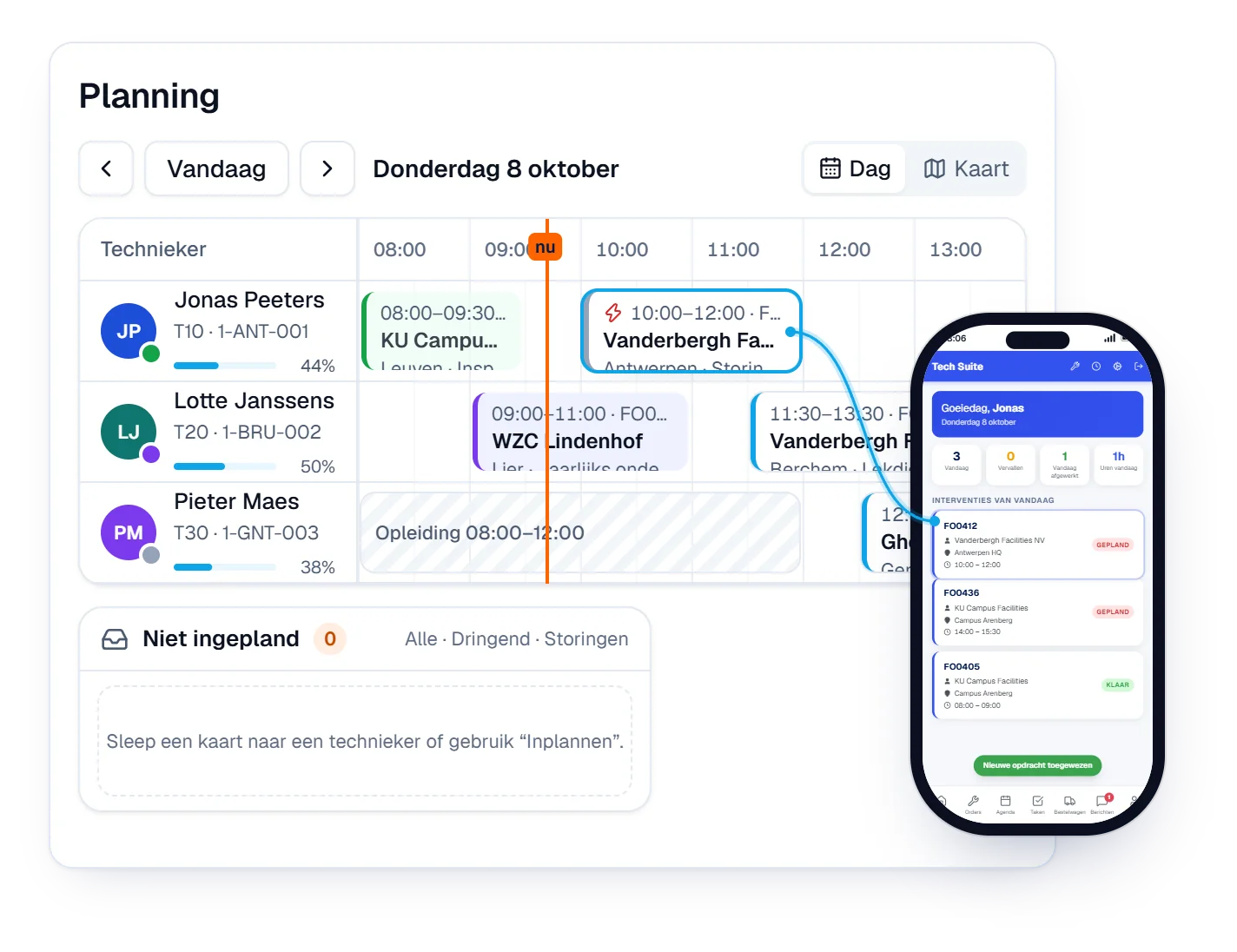 Animation du planning du jour dans Digitalnatie Service Suite : une intervention est glissée vers un technicien libre et apparaît comme planifiée dans son application