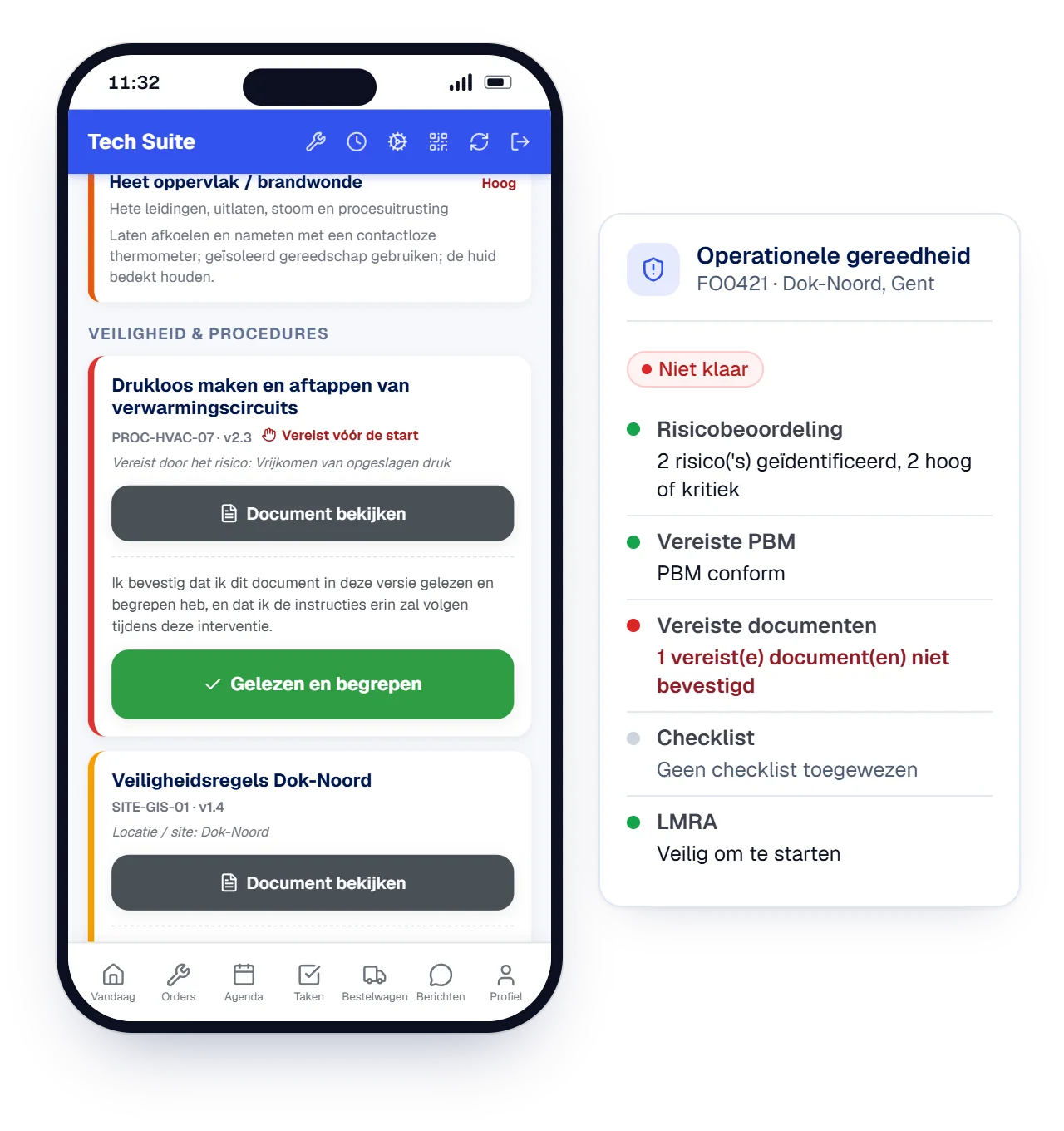 Animatie in de Tech Suite-app: de technieker opent veiligheid en procedures, bekijkt de risico's van de interventie, bevestigt de vereiste documenten als gelezen en de gereedheid springt op klaar om te starten