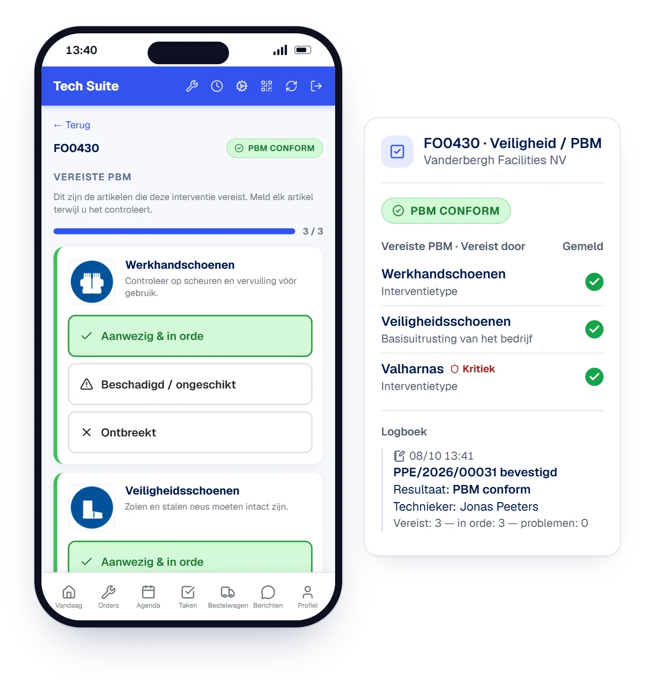 Animatie van de PBM-controle in de Tech Suite-app: werkhandschoenen, veiligheidsschoenen en een kritiek valharnas worden afgevinkt, de controle wordt bevestigd en de interventie staat op PBM conform